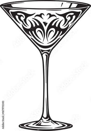 Elegant martini glass with intricate tribal design etched on its