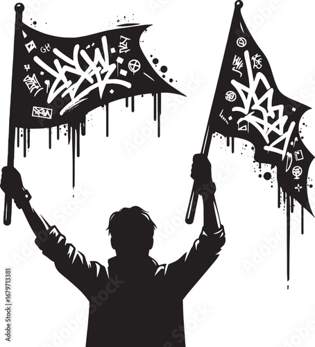 Silhouette of a Person Holding Two Graffiti Flags High in the Air Against White Background