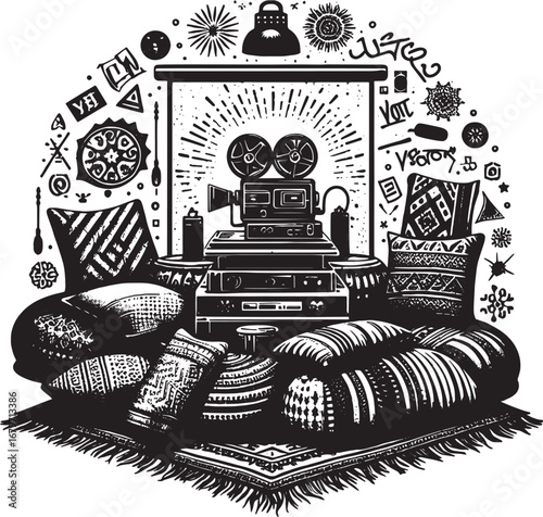 Vintage Film Camera Setup Surrounded by Pillows and Decorative Elements in a Cozy Environment