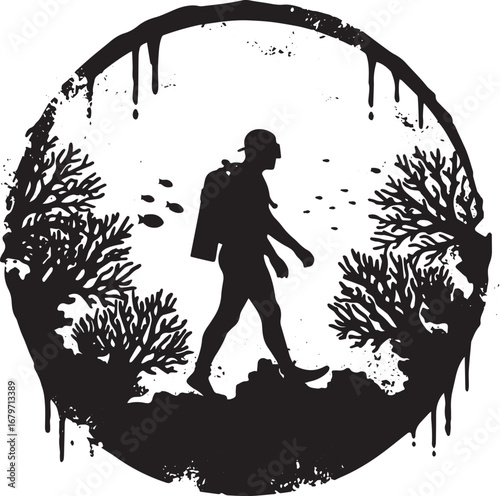 Monochrome scuba diver amidst coral formation within a circular