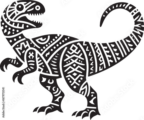 Intricate Black and White Illustration of a Stylized Dinosaur with Tribal Patterns