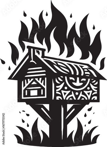 Illustration of a burning house, representing fire, destruction, and potential disaster minimal 50