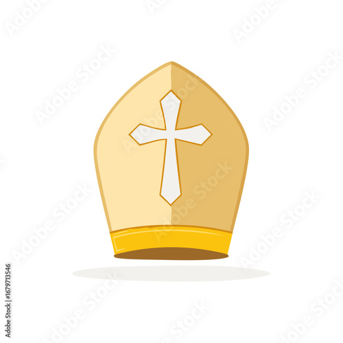 Detailed papal mitre illustration, a golden religious head covering with a prominent Christian cross, isolated on white, evoking traditional ecclesiastical attire