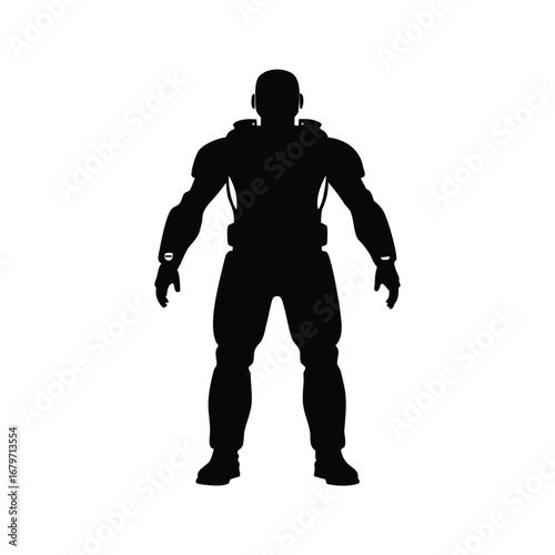 Silhouette of a futuristic soldier in armor standing in front view, exoskeleton suit silhouette vector illustration