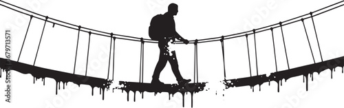 Silhouetted figure traversing an adventurous suspension bridge c