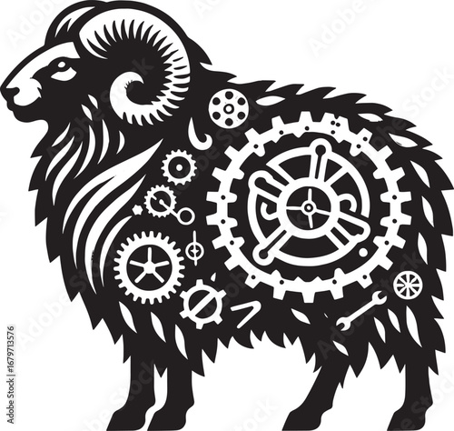 Steampunk Ram Illustration: A Vector Design Featuring Gears, Mechanics, and Animal Silhouette