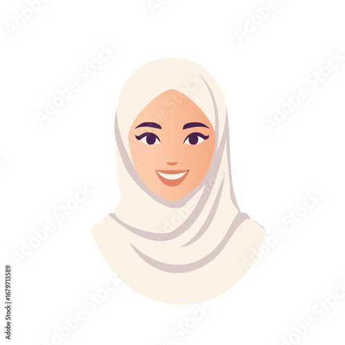 Happy Muslim woman in a traditional white hijab smiling face vector illustration