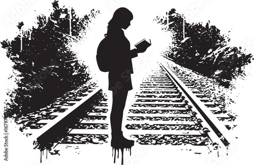Silhouette of a Woman Reading on Railroad Tracks in Black and Wh
