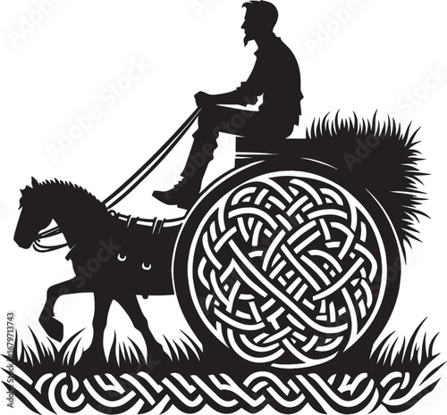 Silhouette of a man driving a horse-drawn chariot with Celtic knot design elements