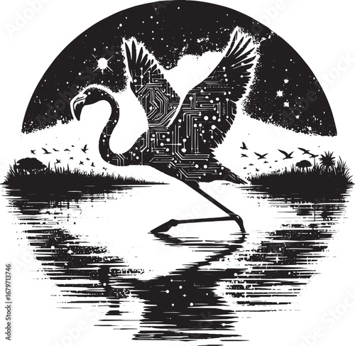 Illustration of a Flamingo with Circuit Board Design Amidst a Starry Night Scene