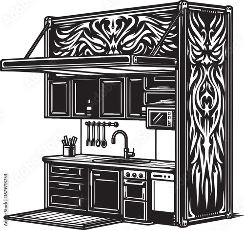 Detailed Black and White Illustration of an Outdoor Kitchen with Ornate Decorative Elements