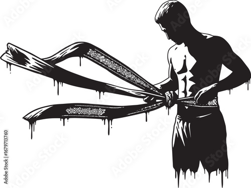 Dramatic monochrome illustration of a man tying a decorative wai