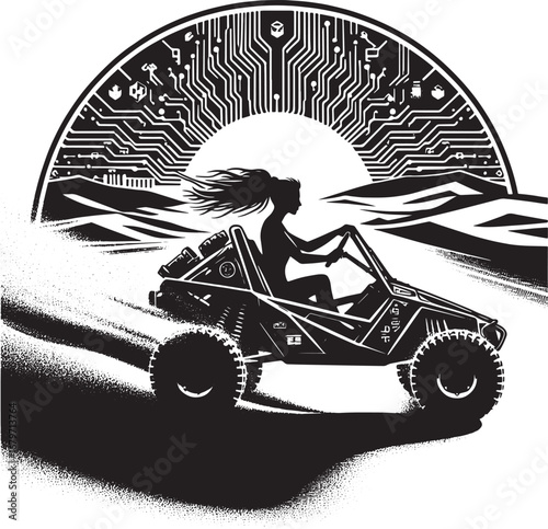 Artistic Illustration of a Woman Driving a Dune Buggy with a Technological Sun Background