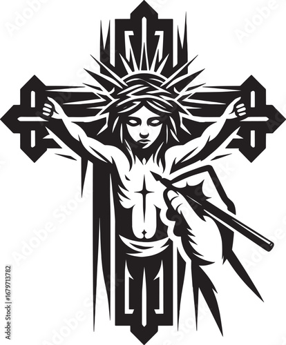 Artistic depiction of Jesus Christ on the cross with a pen and intricate religious details