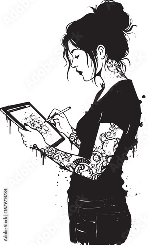Artistic woman creating digital art on tablet with intricate tat