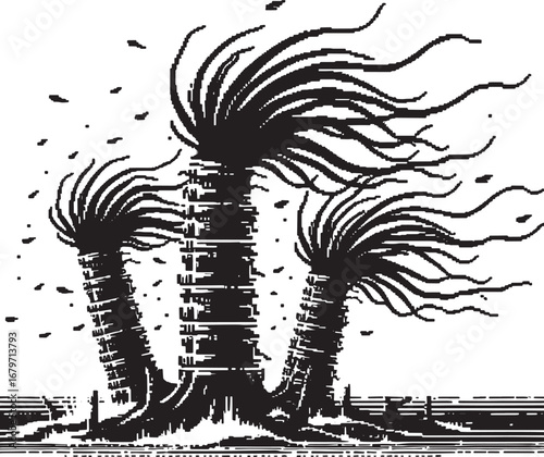 Illustration of palm trees swaying in a strong wind, depicting a hurricane or storm scene