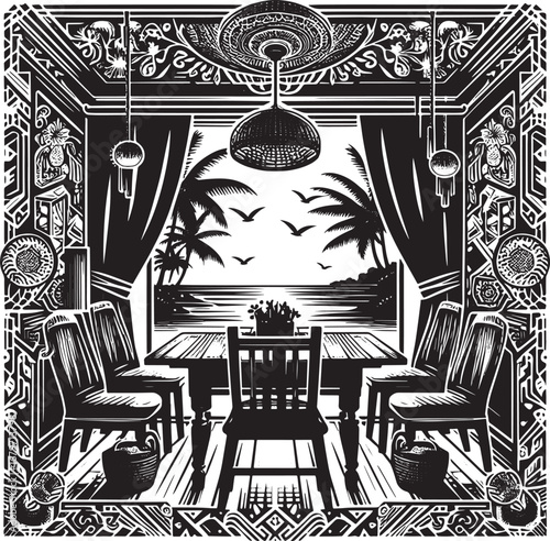Intricate black and white illustration of a dining room with a beach view, a detailed design