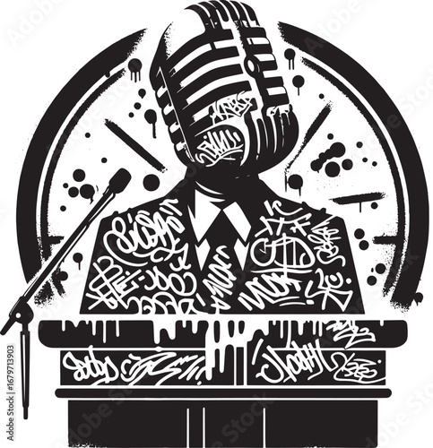 A stylized illustration of a person with a microphone head representing public speaking