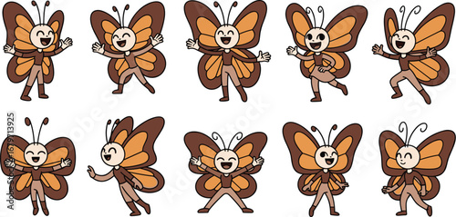 Cartoon butterfly characters wave and pose. Illustration of cute insects with human-like features, vector art, graphic design, mascot, fantasy, animation, joyful.