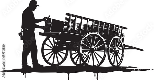 Craftsman working with a wooden cart in silhouetted linocut styl