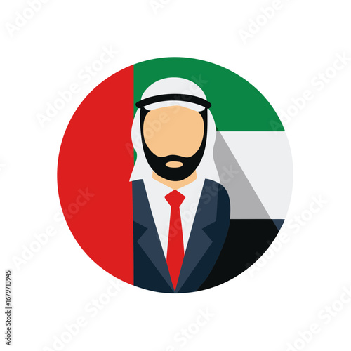 Arabic businessman avatar in traditional ghutra and suit against United Arab Emirates flag design