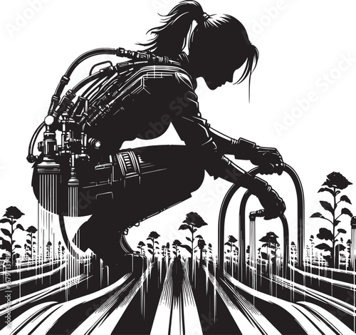 Silhouette of a woman with a complex mechanical apparatus kneeling amidst a futuristic landscape