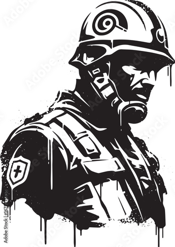 Stylized monochrome illustration of a man wearing protective gea