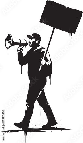 Monochrome image of a protester with megaphone and blank sign re