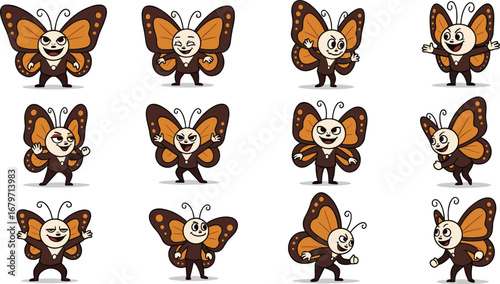 Cartoon butterfly characters express emotions. Mascot set, expressions, cute, butterfly, insect, cheerful, animation, happy, comic, funny, isolated, brown, creature, vector