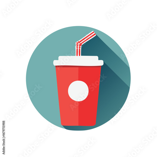 Red soda cup with striped straw and long shadow in circle