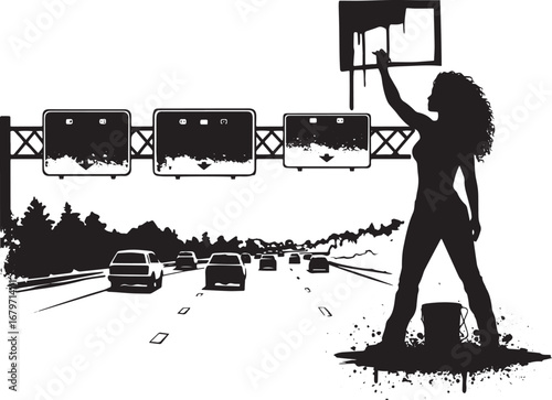 Silhouette of a woman painting on a highway, creating modern art