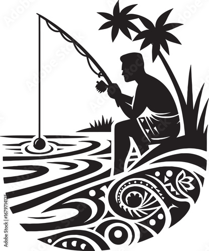 Silhouette of a person fishing in a tropical environment, vector art illustration