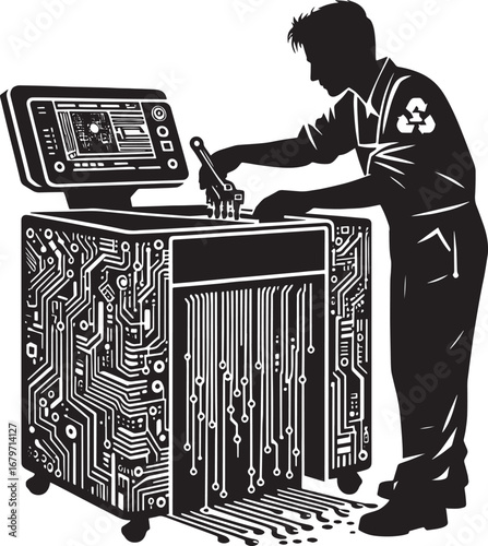 Technician repairing a circuit board on a machine with digital display, vector illustration