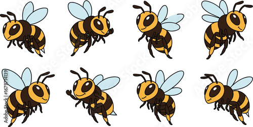 Cartoon bees buzzing around in flight. Springtime, nature, insects, wildlife, fun, playful, childish, vector, honeybees, flying, cheerful, drawing.