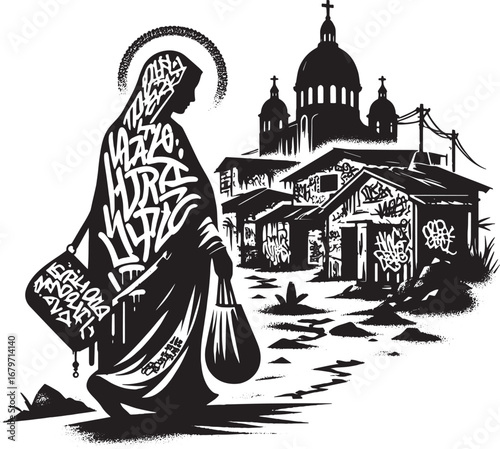 Artwork Depicting a Religious Figure Walking Past Slum Houses and Church Building