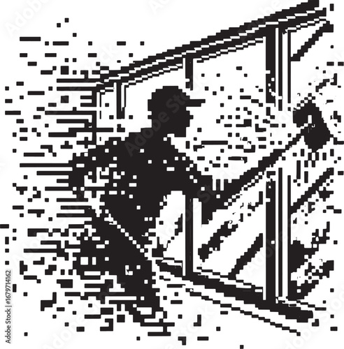 Silhouette of a Window Cleaner at Work, Pixelated Style Cleaning Glass Surfaces