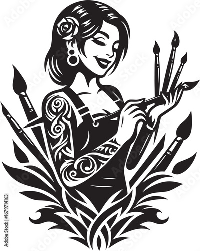 Elegant Tattooed Female Artist Holding Paintbrushes Surrounded by Decorative Elements
