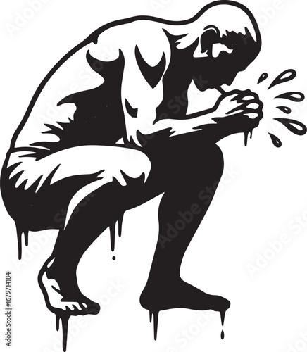 Monochrome illustration featuring a man crouching with a distres
