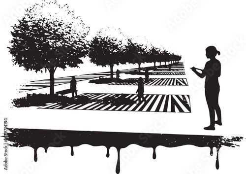 Monochrome landscape with trees, people, and artistic, abstract