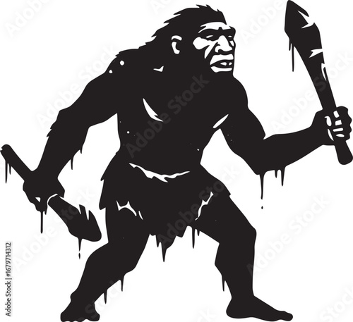 Monochrome depiction of a stylized neanderthal wielding weapons,
