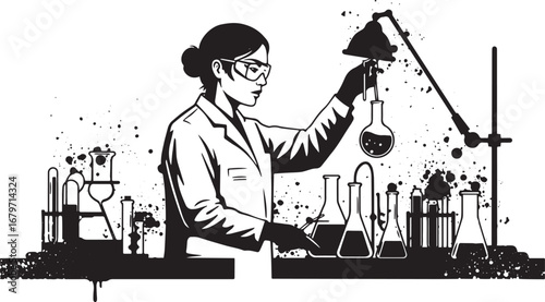 Monochromatic vector illustration of a woman chemist conducting