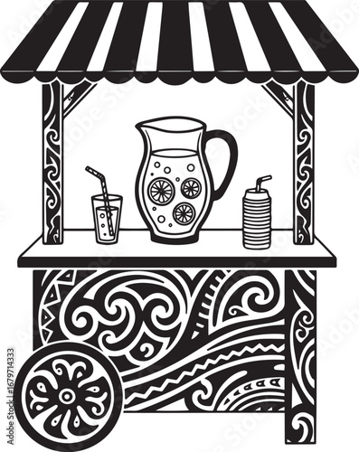 Stylized lemonade stand illustration with intricate tribal patte