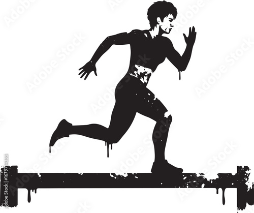 Dynamic silhouette of a female athlete sprinting over an obstacl