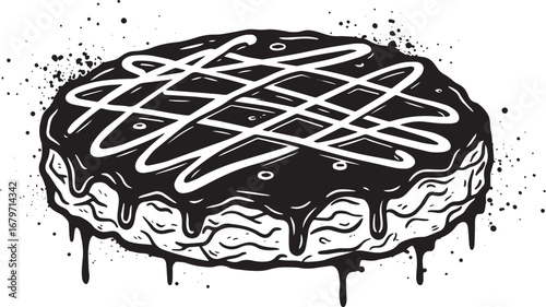 Hand-Drawn Black and White Okonomiyaki with Dripping Sauce and S
