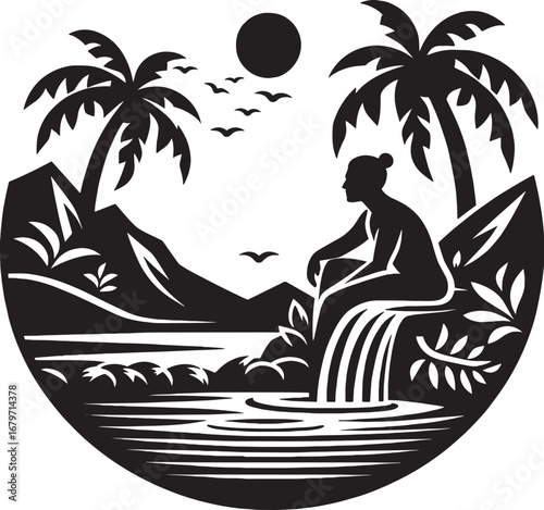 Serene Silhouette of a Woman Contemplating Nature at a Tropical Paradise Beach Scene