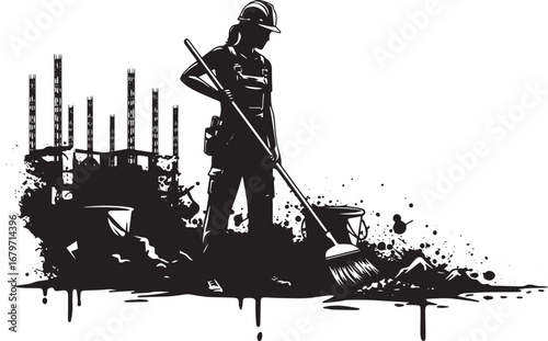 Construction site cleaning: a dedicated worker sweeps near a dev
