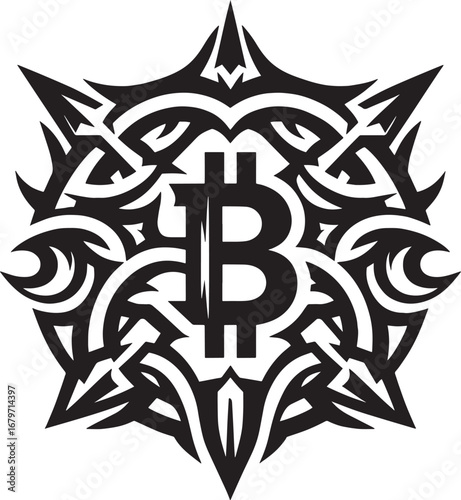 Bitcoin Symbol in a Decorative Tribal Design Representing Cryptocurrency and Digital Currency