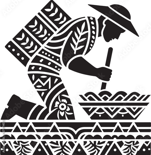Black and white illustration of a person preparing something in a bowl with patterns