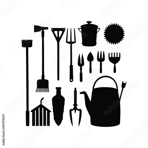 Collection of silhouette garden tools for planting and cultivating in black, farm tools silhouette vector illustration