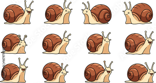 Collection of cartoon snails with happy expressions. Animals, nature, wildlife, illustration, cute, mollusks.